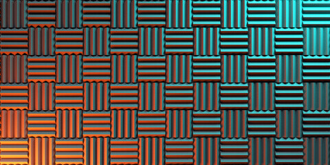 Wall of acoustic foam panels illuminated by orange and turquoise lights for background. 3d illustration - obrazy, fototapety, plakaty