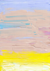 Abstract pastel yellow, beige, lavender and white background. Textured brush strokes on paper. Minimalist oil painting. Contemporary art.