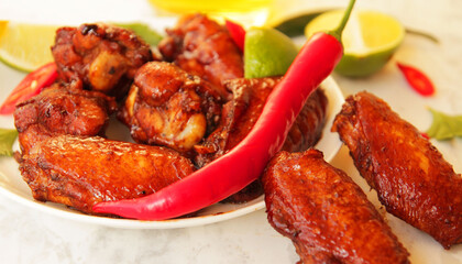 fried barbecue chicken wings marinated in spices with hot pepper and lemon.