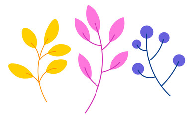 Mini set of abstract plants in the form of twigs with berries and leaves. Elements are isolated on a white background.
