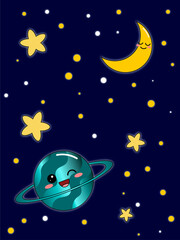 Dark blue background for children in the form of space. With crescent moon, stars and planet with rings in kawaii cartoon style.
