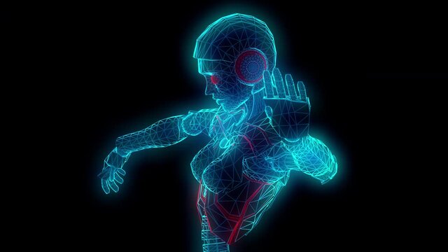 Seamless animation of a female robot with glowing neon lights belly dancing. Futuristic artificial intelligence background.