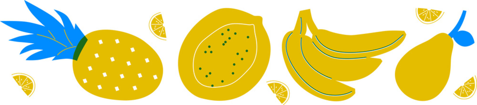 Fruits abstract vector. Pineapple, banana, pear, papaya simple illustration. Exotic fruits horizontal banner cartoon flat style. Can be use for restaurants menu, cover, packaging.