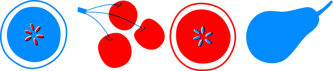 Fototapeta premium Abstract tropical fruits slice vector. Apple, pear, cherries simple illustration. Cartoon fruits banner. Can be use for restaurants menu, cover, packaging.