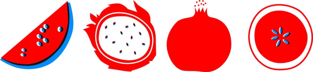 Tropial fruits abstract vector illustration. Horizontal banner. Pomegranate, watermelon, dragon fruit apple slices. Can be use for restaurants menu, cover, packaging.