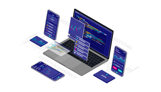 Cryptocurrency, Bitcoin, Blockchain Website Software Application Design And Development 3d Isometric Illustration Cross Platform Code Responsive.