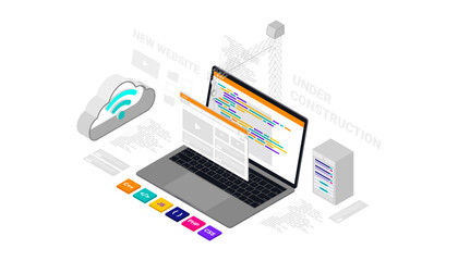 Under construction website development cloud computing 3d isometric illustration
