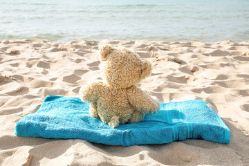 Backside view of brown teddy bear on aqua beach towel on sand