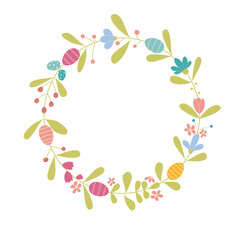 Easter wreath with flowers and eggs, isolated on white background.