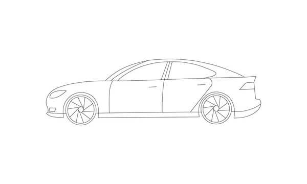 Electric Petrol or gasoline car models. 4-door sedan for couple or family usage. Side view lineart.