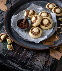 champignon shaped shortbread cookies on metal vintage tray