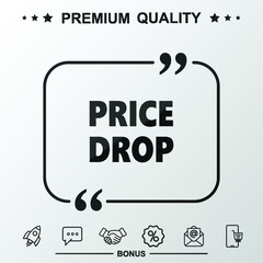 Price drop word icon. Text inside quote symbol.