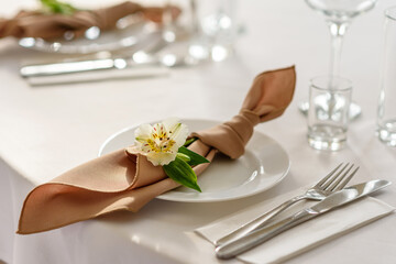 Beautiful decoration of the wedding holiday with flowers and greenery with florist decoration