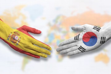 Spain and South Korea - Flag handshake symbolizing partnership and cooperation
