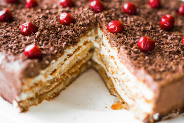 Close-up home chocolate cake with cherries in a plate on a white background. Grated chocolate on cake Сocoa scattered on a table
