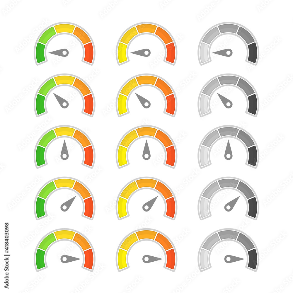 Poster speedometer with arrow icon. collection of colorful infographic gauge element. speedometers or ratin