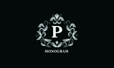 Design for invitations, menus, labels. Wedding monogram with the letter P or two letters. The logo is identical for a restaurant, hotel, heraldry, jewelry.