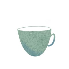 Green cup with a picture, dishes. Illustration on white background.