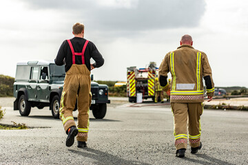 Military Airbase Fire Firefighters tackle a raging blaze on an airbase as part of military training...