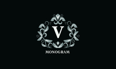 Design for invitations, menus, labels. Wedding monogram with the letter V or two letters. The logo is identical for a restaurant, hotel, heraldry, jewelry.