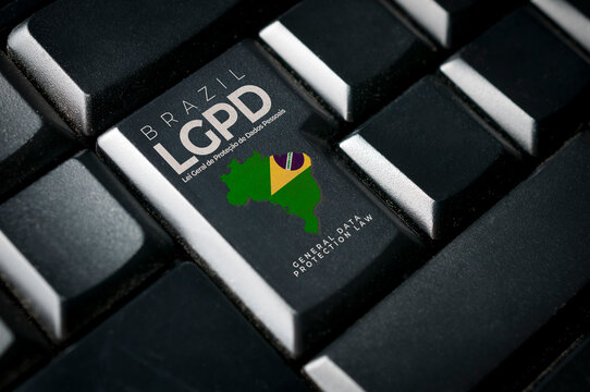 LGPD (brazilian data protection law) concept: a black computer keyboard with Brazil flag and the text Brazil LGPD lei geral de proteção de dados pessoais general data protection law