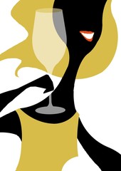 Woman inside a glass of good white wine, in a happy and funny attitude