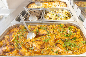 Take-out food in showcase window. Food for home.