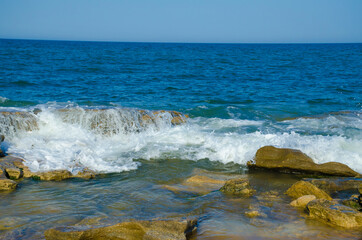 Fototapeta premium USA, Florida. Coquina rock formations on Atlantic Ocean beach.