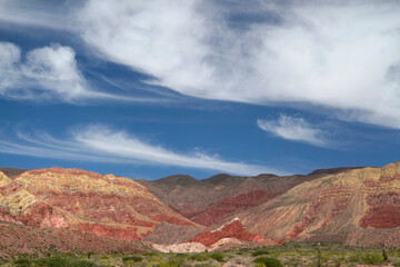 Hiking in the desert. Panorama view of the colorful rock and sandstone mountain in Humahuaca, Jujuy, Argentina.