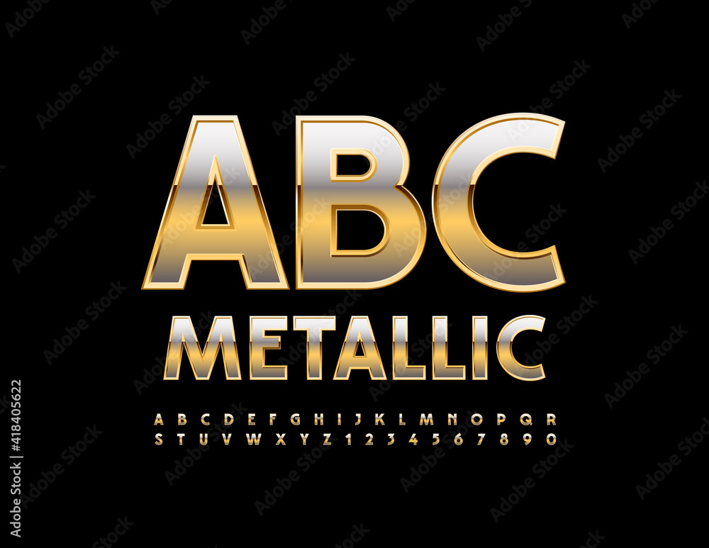 Poster vector metallic alphabet. golden shiny font. pemium style letters and numbers set
