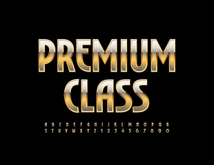 Vector elite sign Premium Class. Stylish Gold Font. Elegant chic Alphabet Letters and Numbers set