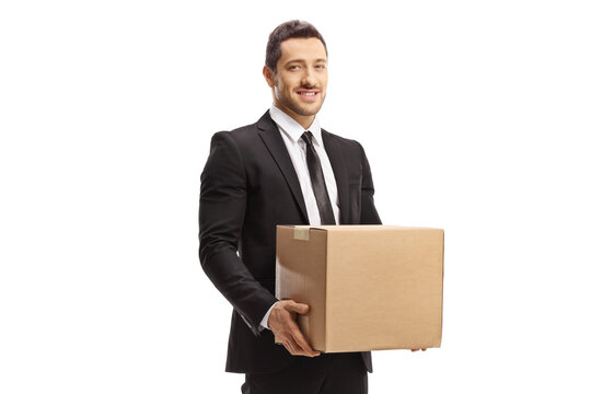 Professional Man In A Suit Holding A Cardboard Box