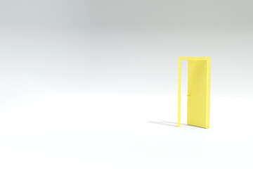 3d illustration of open door with endless background with pantone ultimate gray  and illuminating color. Can be used for concepts about change, loneliness, transition, infinity, and opportunity.	
