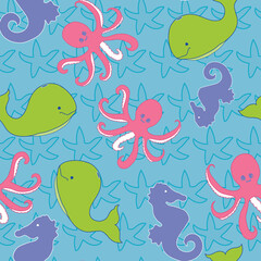 seamless pattern baby seahorse whale octopus