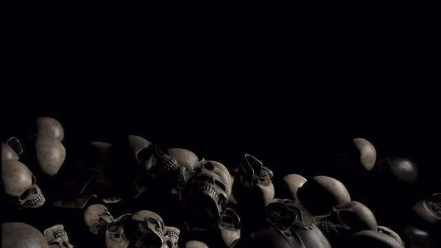 Black futuristic skulls, movement on a minimalistic background. 3d animation. The grid. The alpha channel. The concept of death and horror. A bunch of skulls is a stunning Halloween horror picture