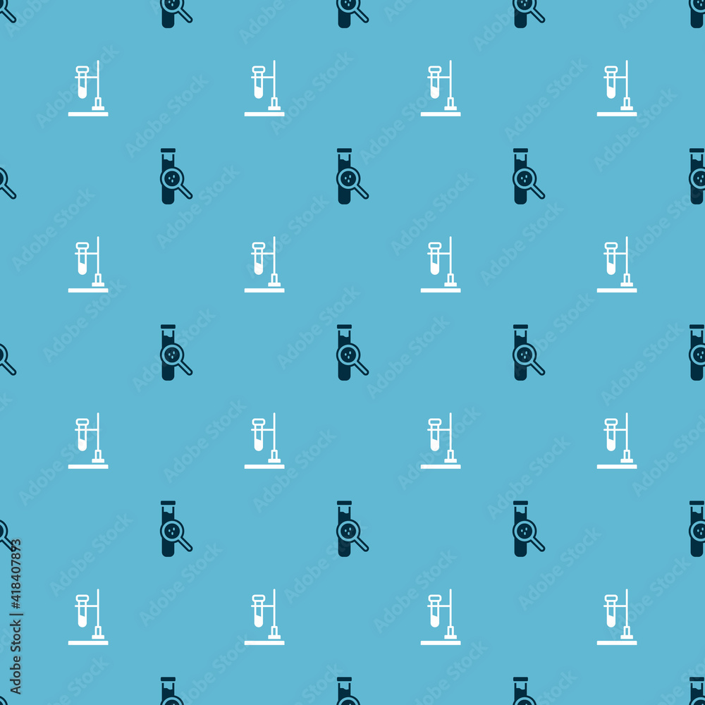 Poster set test tube and flask and on fire on seamless pattern. vector.