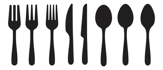 Spoon, knife, fork icon set, Dining silverware Silhouette, cutlery, Vector illustration - obrazy, fototapety, plakaty