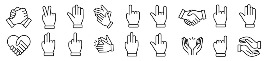 Hand gestures icon set in line style, Handshake, Soul brother handshake, hand palm care love, finger, helping. Donation hand gestures, charity hand, and more, vector illustration