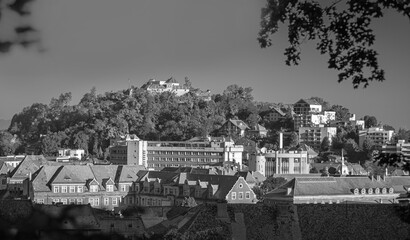Panoramic view of Brasov city, the town of Transylvania in black & white colors, in Romania