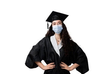 Distance learning online with medical mask at coronavirus covid-19 period. Study at home. Graduation from college. Graduate in black robe smiling. Finish university and complete master degree