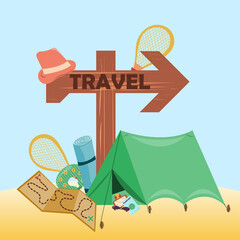 Travel elements collection. Wooden signpost labeled travel. Set of travel items for recreation. Objects for travelling around the world. Vector flat background and objects illustrations.