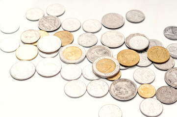 selective focus of Thailand coin group on bright background