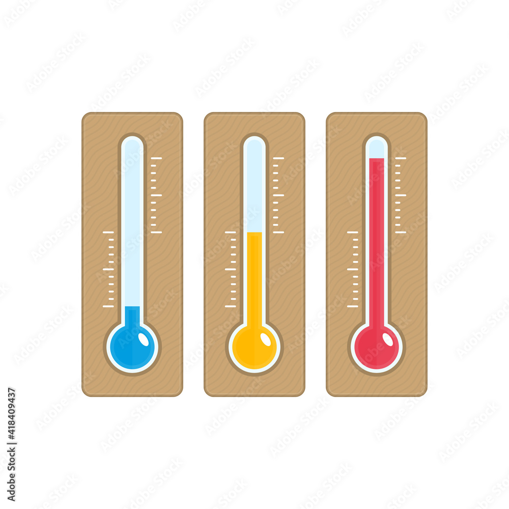 Poster temperature icons set in flat style. simple meteorology thermometers measuring heat and cold isolate