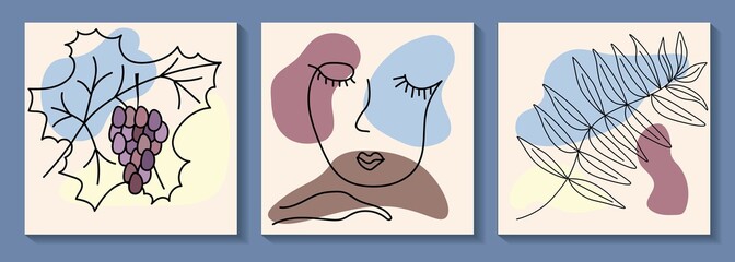 Set of Various Surreal faces. Face line art. Face drawing. Contemporary portrait. Round elements, abstract shapes, lines, floral, leaves, flowers. Hand drawn Vector illustrations. Minimalistic style