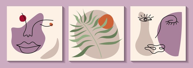 Set of Various Surreal faces. Face line art. Face drawing. Contemporary portrait. Round elements, abstract shapes, lines, floral, leaves, flowers. Hand drawn Vector illustrations. Minimalistic style