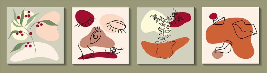 Set of Various Surreal faces. Face line art. Face drawing. Contemporary portrait. Round elements, abstract shapes, lines, floral, leaves, flowers. Hand drawn Vector illustrations. Minimalistic style