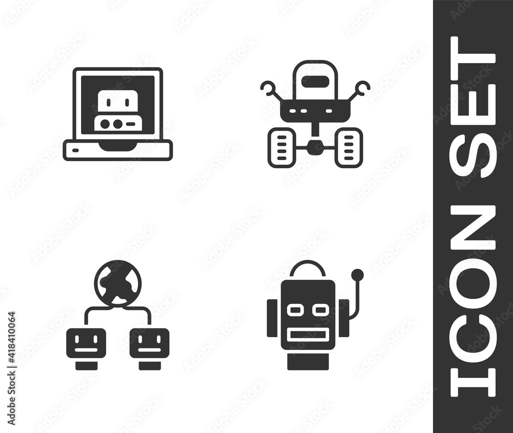 Poster Set Robot, Creating robot, Artificial intelligence and Mars rover icon. Vector.