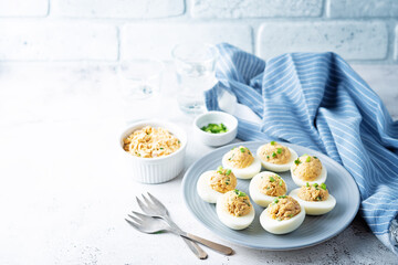 Canned Tuna deviled eggs with scallion