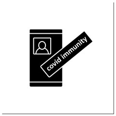 Covid immunity glyph icon. Health passport. Sign about person health. Protection against coronavirus. Health status note.Covid19 concept. Filled flat sign. Isolated silhouette vector illustration
