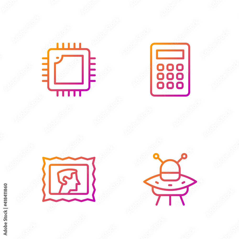 Poster set line ufo flying spaceship, postal stamp, processor with cpu and calculator. gradient color icons